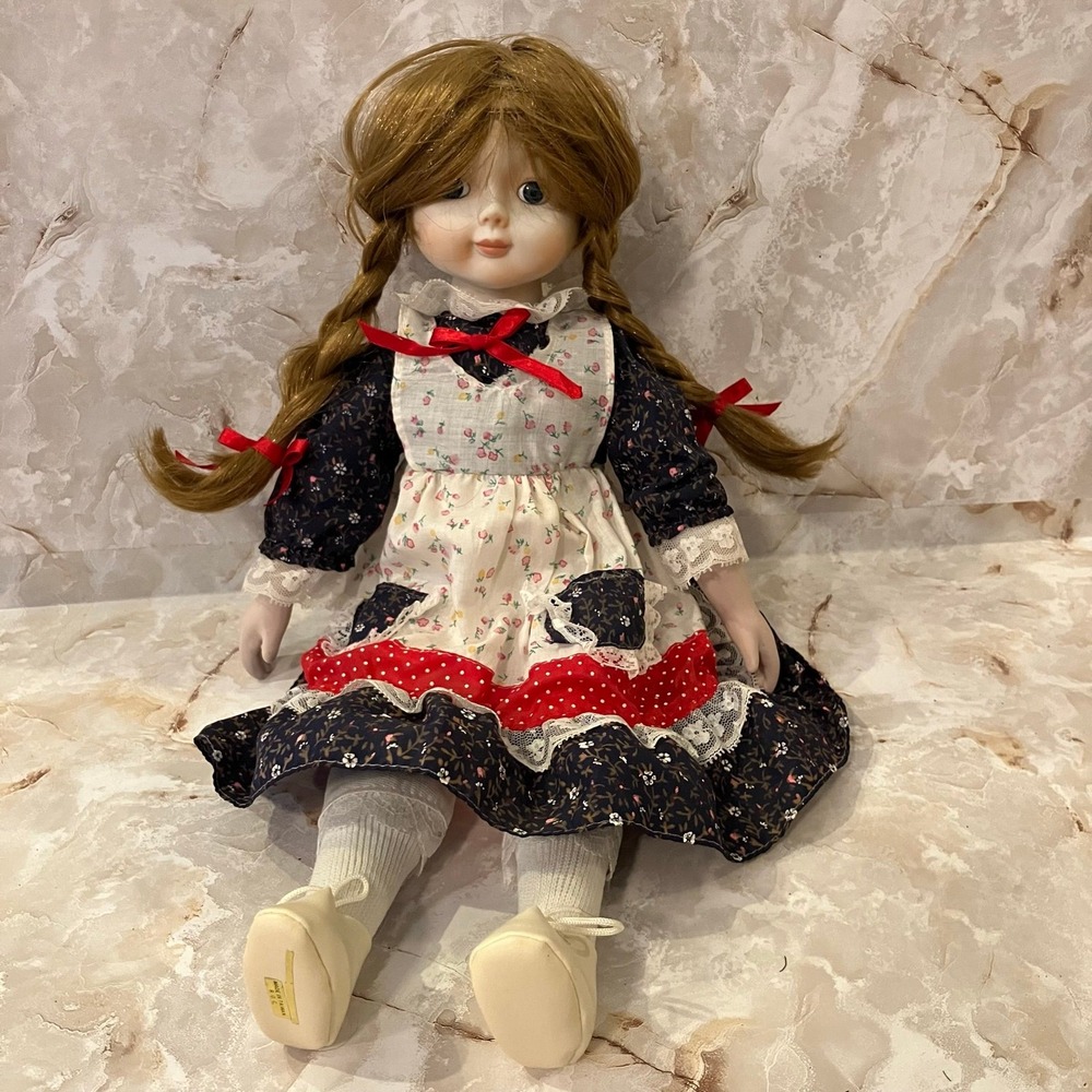 Vintage Porcelain Collector Doll with Braided Brown Hair & Dark Floral Dress